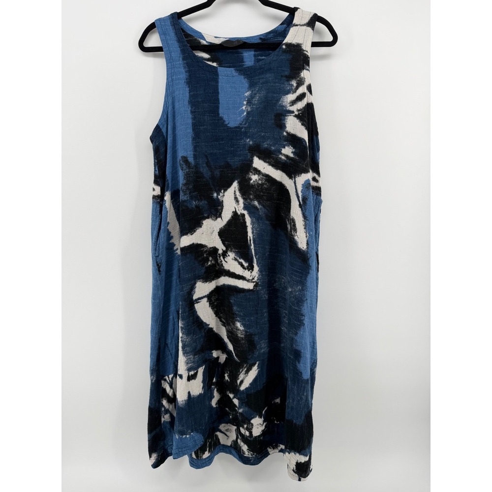 Moyuru Dress Medium Blue Black Abstract Print Sleeveless Lagenlook Artsy Pockets